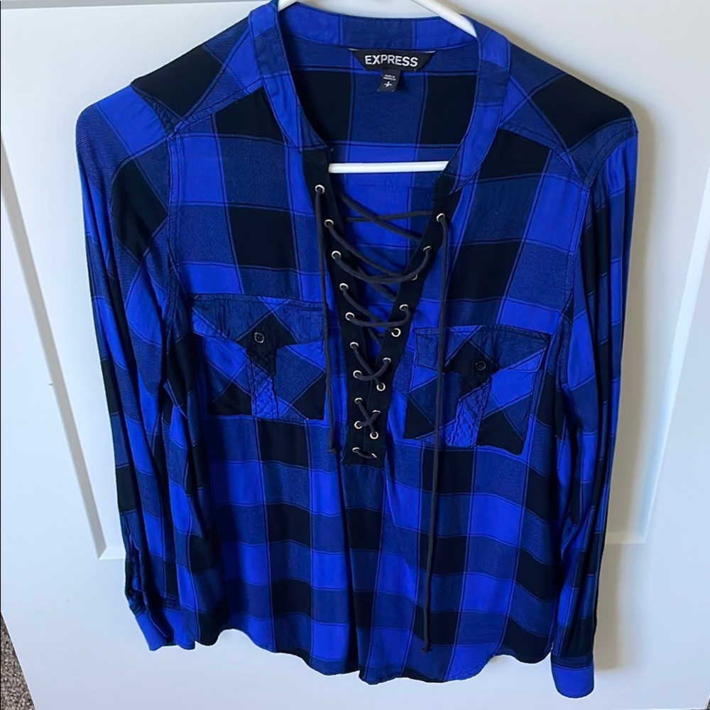 Express Blue and Black Plaid Lace-Up Blouse. 2 tops